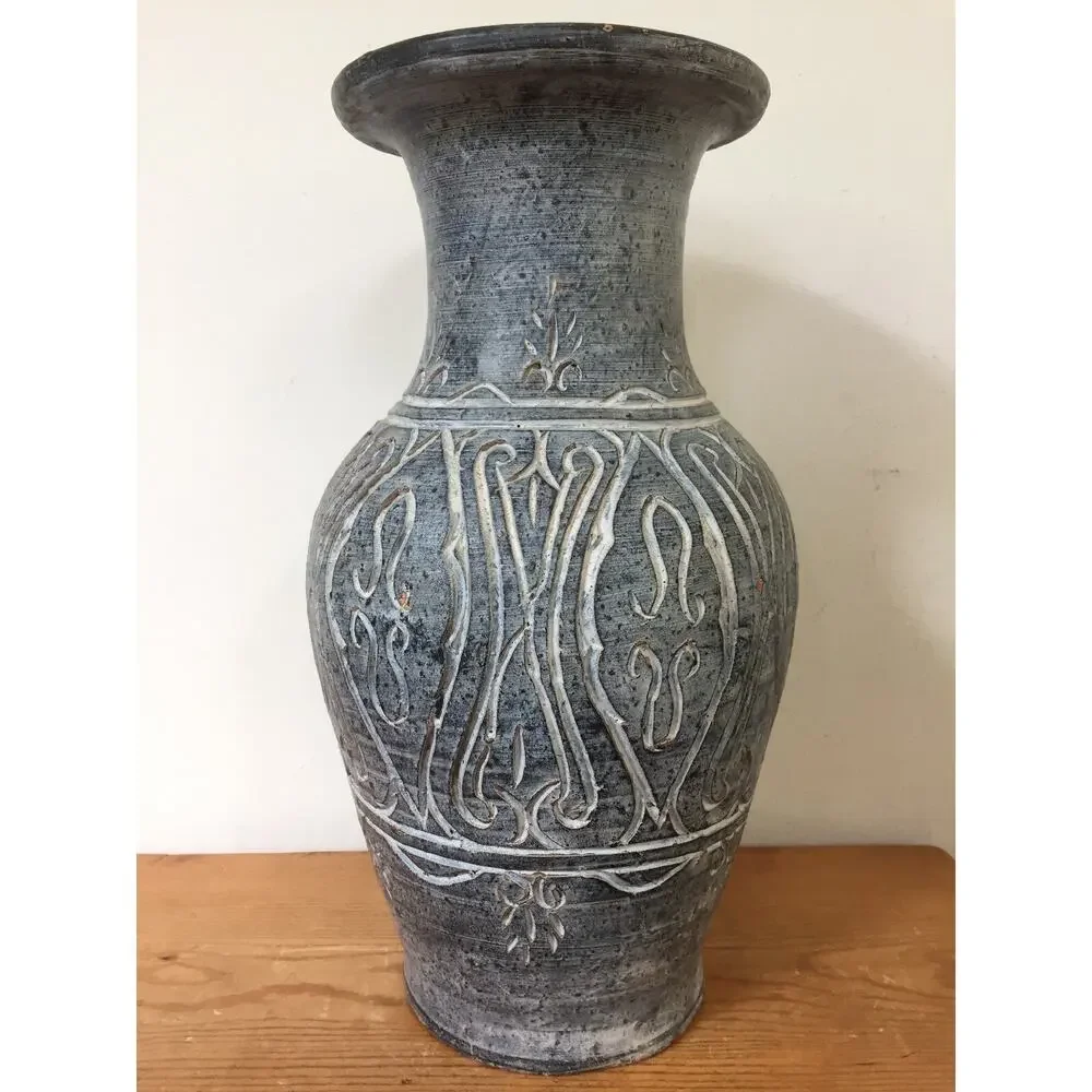 Vtg Hand Thrown Art Studio Earthenware Blue Matte Arabesque 14